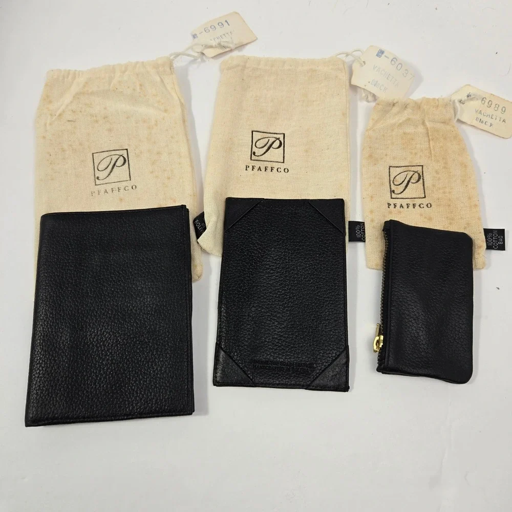 Pfaffco Black Pebbled Leather Wallet Card Holder Coin Pouch Set 3pc Handcrafted